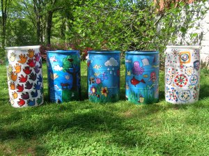 Rain barrels painted by Clairemont Elementary School Children