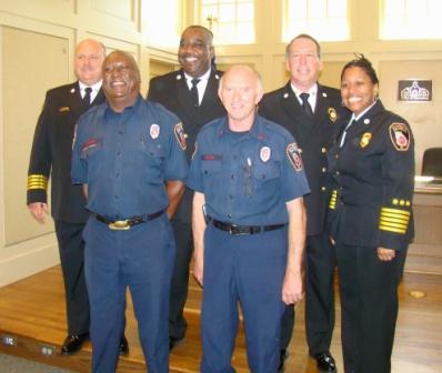 Back Row: Asst. Chief Hatcher, Asst. Chief Thomas, Retiring Chief Malone, Chief Dixon; Front Row: Roosevelt Strong, Larry Pettit